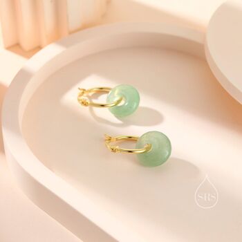 Sterling Silver Dangling Green Aventurine Jade Donut Hoop Earrings, 3 of 12