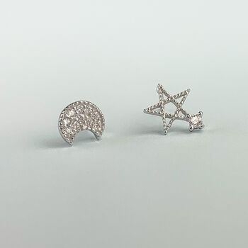 Sterling Silver Sparkly Moon And Star Stud Earrings, 3 of 5