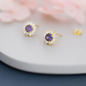 Sterling Silver Amethyst Purple Cz Halo Stud Earrings, 3 of 12