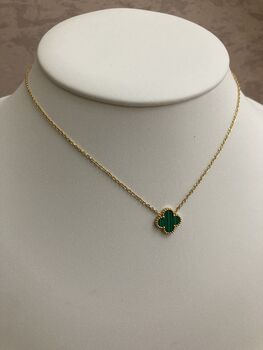Gold Plated Green Single Clover Necklace, 3 of 7