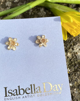 Tiny Daffodil Stud Earrings In Solid Gold, 4 of 5