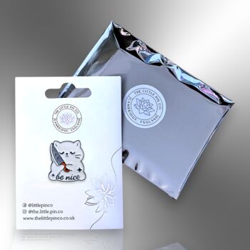Be Nice Cartoon White Kawaii Cat With Knife Enamel Pin Badge, 5 of 8