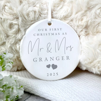 Our First Christmas Married Ceramic Disc Hanging Decoration Bauble + Gift Box, 4 of 6