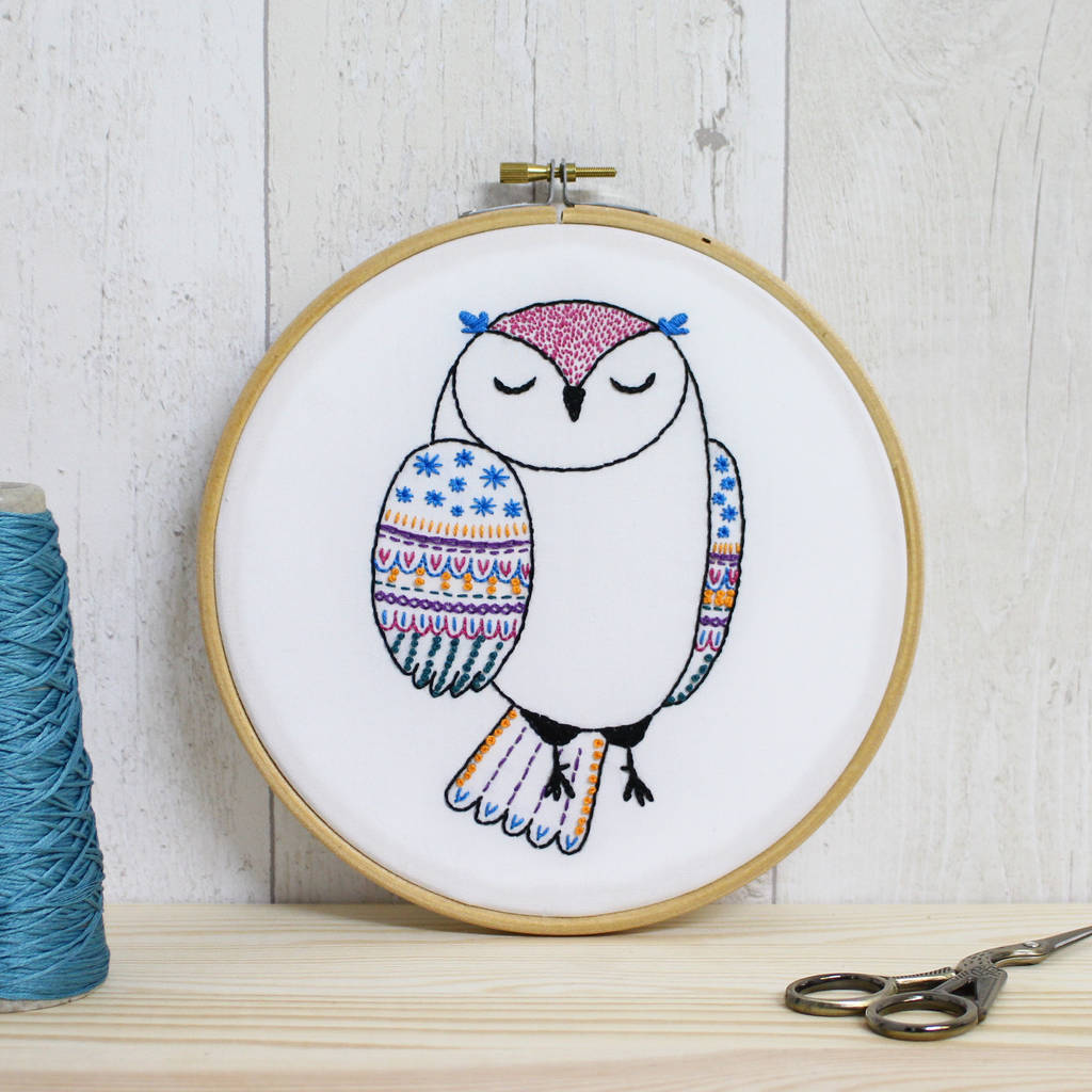 owl contemporary embroidery craft kit by hawthorn handmade