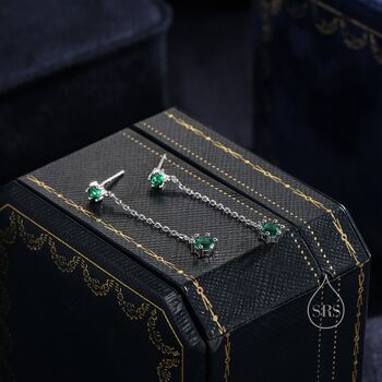 Emerald Green Cz Dangle Chain Stud Drop Earrings, 3 of 12