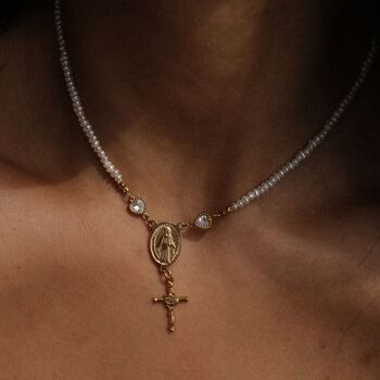 Handmade Freshwater Pearl Rosary Choker With Rose Cross Charm, 2 of 10