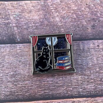Cat And Books Enamel Pin With Shaker Moving Glitter And Stars, 2 of 4