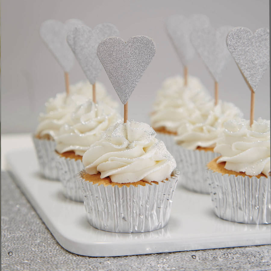 silver glitter heart cupcake toppers by ginger ray