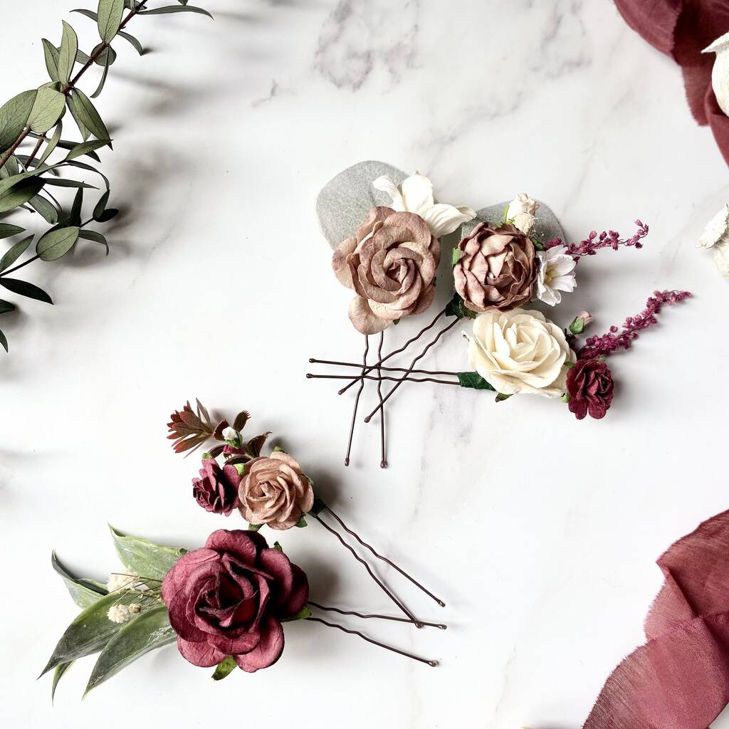 Burgundy, Rose Taupe And White Flower Hair Pins, 1 of 6