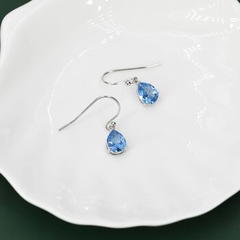 Sterling Silver Topaz Blue Cz Droplet Drop Earrings, 5 of 12