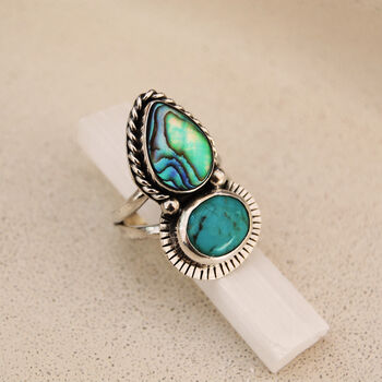 Dreamer Turquoise And Abalone Silver Statement Ring, 11 of 12