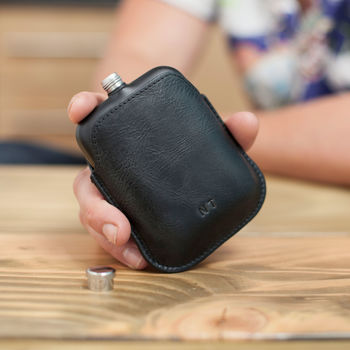 Black Hip Flask With Personalised Leather Sleeve Christmas Gift For Him, 2 of 6
