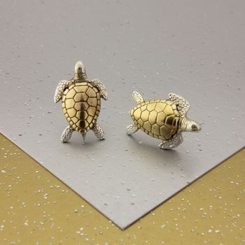 Small Turtle Necklace And Studs Set In Gold And Silver, 3 of 3