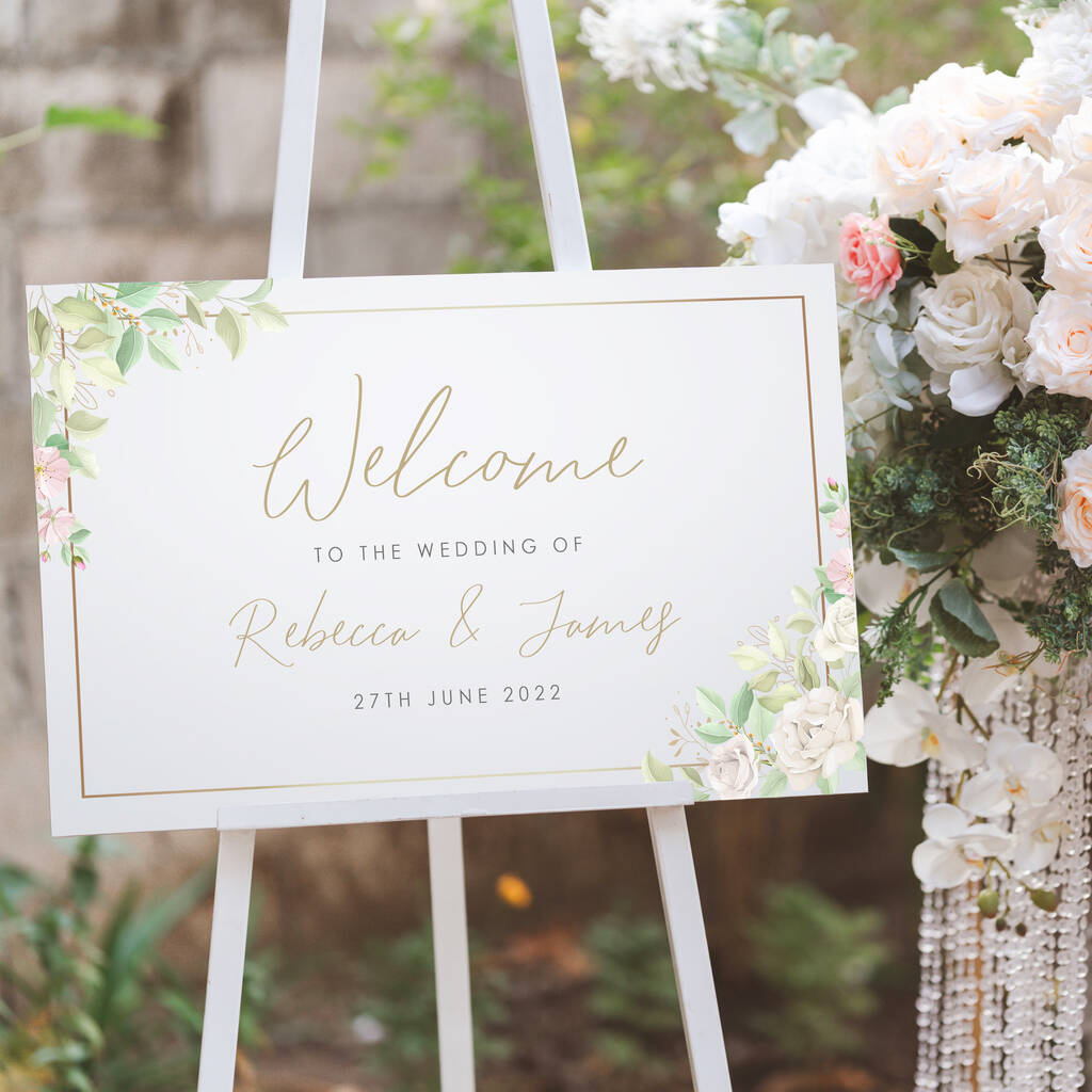 Pink And Gold Flowers Wedding Welcome Sign