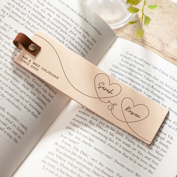 Names In Hearts Engraved Leather Anniversary Bookmark, 3 of 3