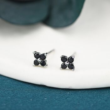 Sterling Silver Black Cz Flower Stud Earrings, 6 of 12