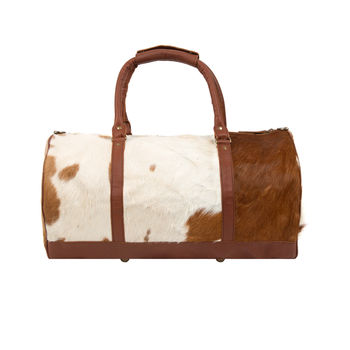 Pony Hair Leather Classic Duffle In Brown And White, 4 of 8