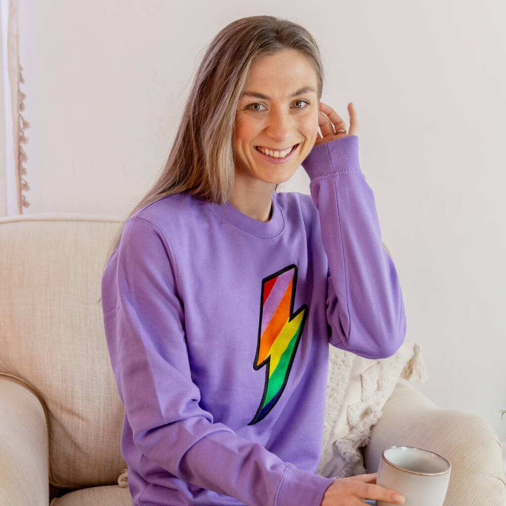 Lavender Embroidered Rainbow Lightning Bolt Sweatshirt, 1 of 5