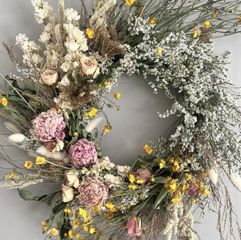 Wild Meadow Pink And Yellow Dried Flower Wreath, 9 of 9