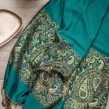 Dark Teal Paisley Border Pashmina With Tassels, 2 of 2