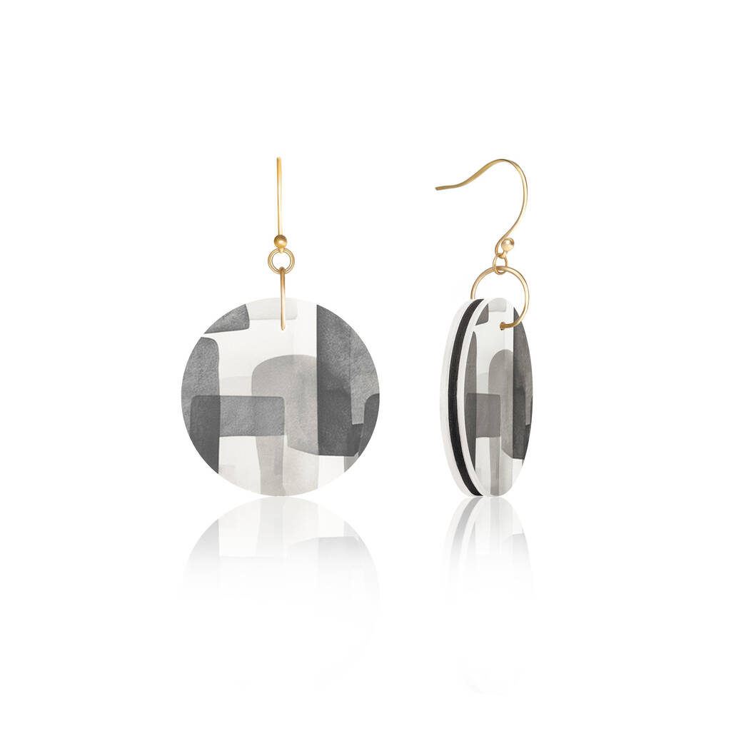 Black Abstract Circular Earrings • Gold Plated Sterling Silver Hooks, 1 of 8