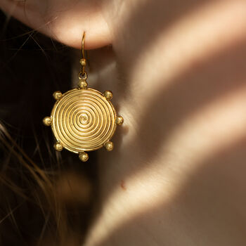 Gold Plated Spiral Disc Earrings With Dots, 2 of 3