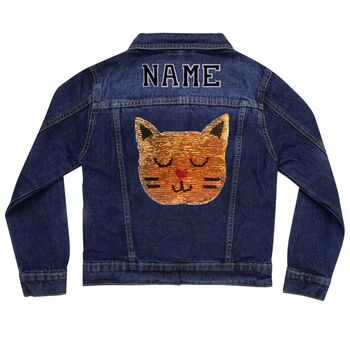 Personalised Kids Denim Jacket Reversible Sequin Cat, 7 of 9