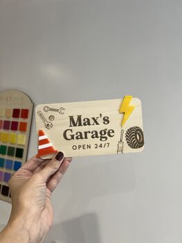Personalised Wooden Car Garage Playroom Sign Montessori Pretend Play Accessory, 2 of 7