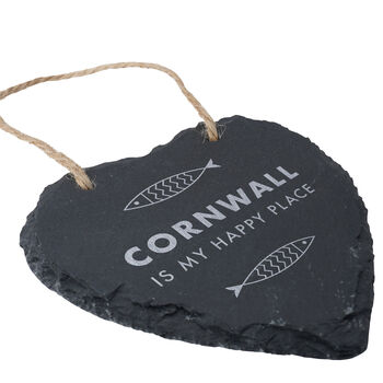 Cornwall Is My Happy Place Fish Design Cornish Gift Novelty Slate Hanging Heart Decoration, 3 of 4