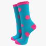 Women's Glitter Socks Turquoise Pink Large Polka Dot, thumbnail 2 of 4