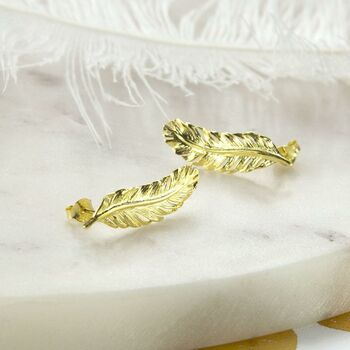 Gold Plated Sterling Silver Feather Stud Earrings, 2 of 3