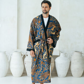 Royal Blue Men's Full Length Batik Kimono Robe, 2 of 5