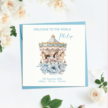 Personalised Carousel New Born Baby Boy Card, 4 of 7