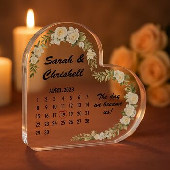 Personalised Wedding Calendar Acrylic Heart Plaque With Name, 7 of 12