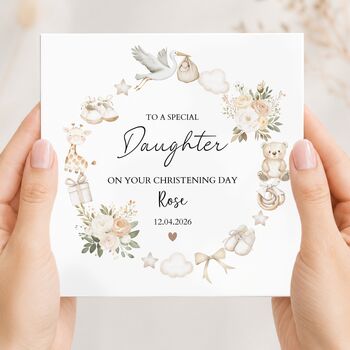 Neutral Great Granddaughter Christening Card, Giraffe Bear Baptism Card, Any Relationship, 4 of 5