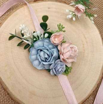 Blush Pink And Blue Flower Wrist Corsage, 3 of 4