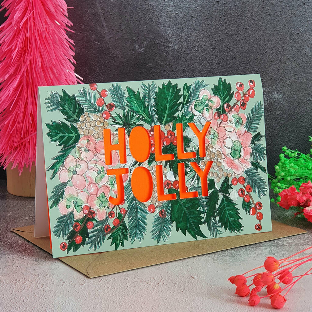 Holly Jolly Neon Floral Papercut Christmas Card, 1 of 6