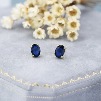 Sapphire Blue Oval Cz Stud Earrings In Sterling Silver, 9 of 12