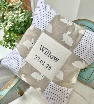 White Rabbits Name And Date Cushion, 2 of 5
