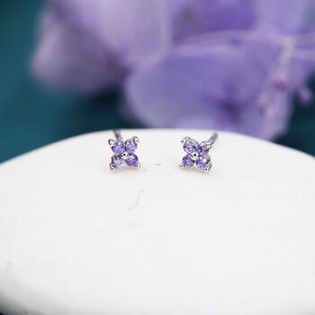 Sterling Silver Amethyst Purple Cz Flower Stud Earrings, 6 of 12