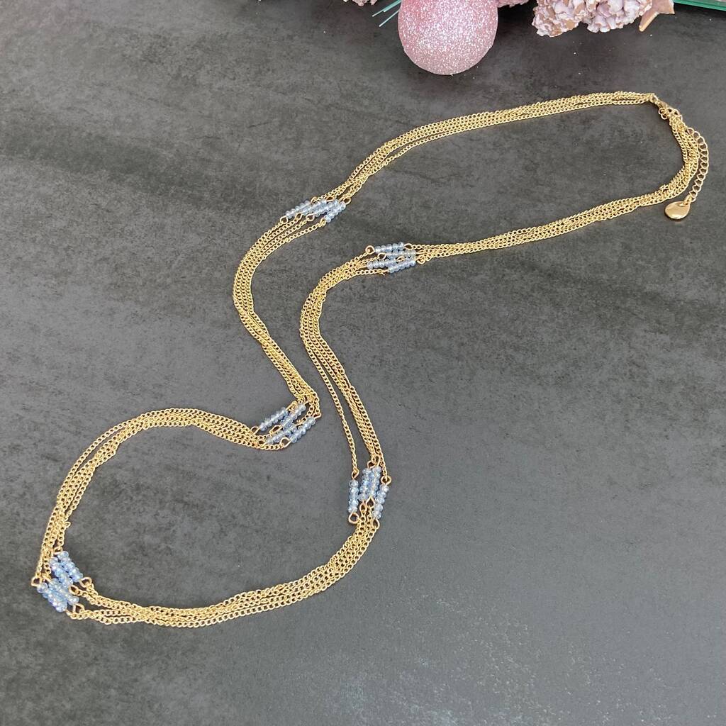 Long Gold Plated Multi Strand Blue Bead Necklace, 1 of 3