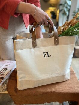 Personalised Natural Jute Shopper With Leather Handles, 6 of 10