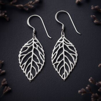 Sterling Silver Open Oak Leaf Drop Hook Earrings, 3 of 7