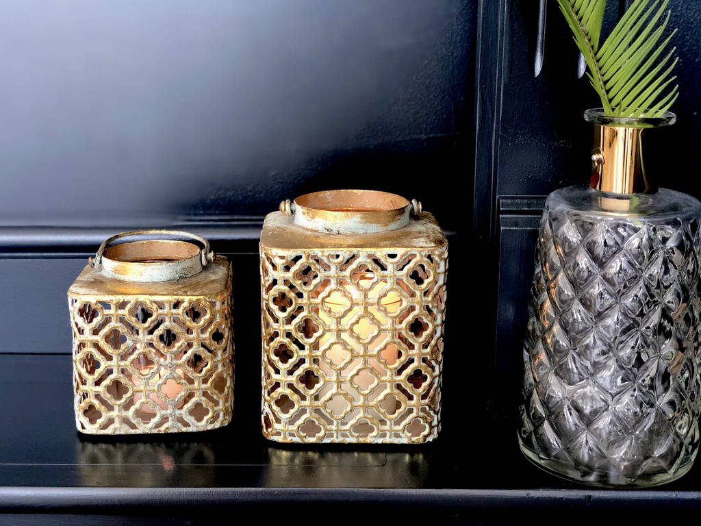 Moroccan Gold Lantern Square Candle Holder Quatrefoil By The Luxe Co