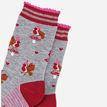 Christmas Party Robins Bamboo Socks Women's Grey Red, 3 of 4