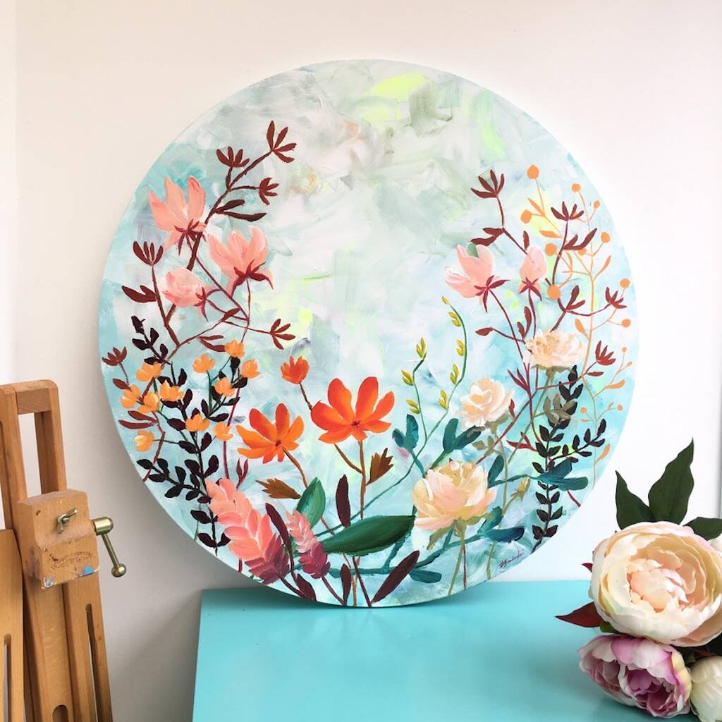 Round Floral Cotton Canvas Painting Warm Palette By Paint-Me-Happy Art