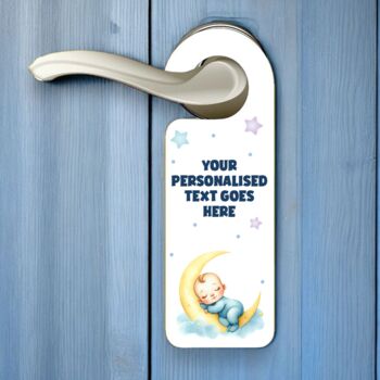 Personalised Baby Sleeping Moon Blue Door Hanger, 2 of 2