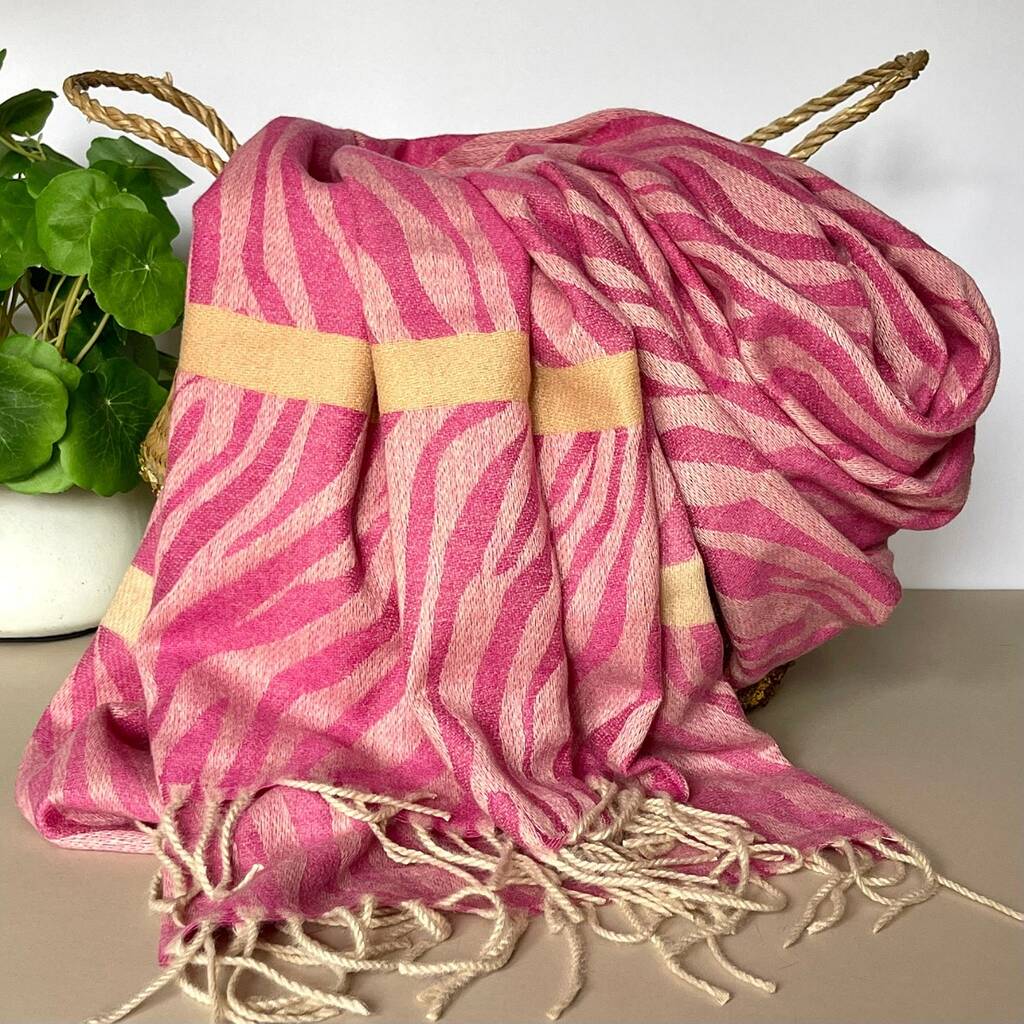 Zebra Print Scarf With Stripe In Fuchsia And Light Pink By Nest Gifts