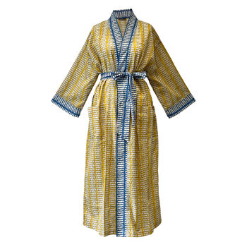 Cotton Block Print Kimono Mustard And Blue Fish, 6 of 6