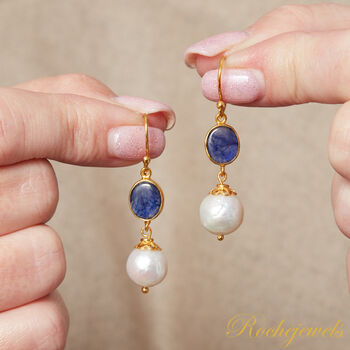 Blue Sapphire And Pearl Gold And Silver Drop Earrings, 6 of 10